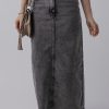 Women's Dark Grey Denim Raw Hem Back Split High Waist Long Skirt - Image 8