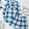 Women's 2Pcs Blue Plaid Print Lounge Set - Long Sleeve Shirt and Casual Shorts - Image 9