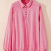 Women's Oversized Pink Solid Snap Buttons Collared Balloon Sleeve Sweatshirt - Image 5