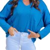 Women's Casual Blue Ribbed Long Sleeve Top with Exposed Seam Detail - Image 2