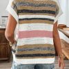 Women's Pink Stripe Color Block Eyelet Knit Short Sleeve Sweater Tee - Image 2