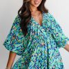 Chic Green Abstract Print Puff Sleeve V Neck High Waist Romper for Women - Image 3