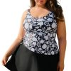 Black Plus Size Printed Square Neck Drawstring Ruffled Tankini Set for Women - Image 28