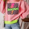 Women's Pink Teacher Lightning Checkered Print Color Block Sweatshirt - Image 4