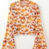 Chic Women's Orange Floral Printed Bell Sleeve Blouse with Mock Neck and Scallop Trim - Image 8