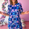 Women's Blue Floral Peasant Sleeve Tiered Ruffle Midi Dress - Image 6