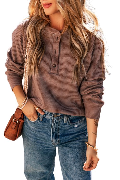 Women's Chestnut Textured Knit Henley Long Sleeve Top