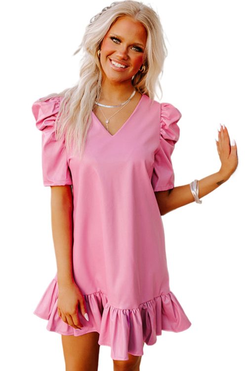 Pink Pleather Ruffled Hem Mini Dress with Bubble Sleeve and V Neck