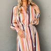 Women's White Multicolor Striped Cuffed Sleeve Tassel Tied Maxi Dress - Image 7