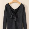 Women's Metallic Black Bowknot Open Back V Neck Long Sleeve Top - Image 11