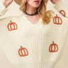 Women's Beige Cable Knit Pumpkin Raw Hem V Neck Sweater - Image 4