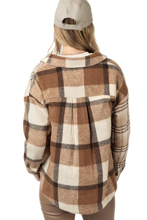 Women's Light French Beige Flannel Plaid Double Flap Pocket Shacket