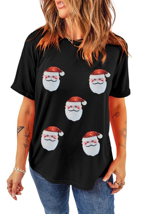 Women's Black Sequin Christmas Claus Crewneck T-Shirt