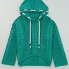 Women's Sea Green Cable Knit V Neck Hooded Sweater with Drawstring - Image 3