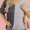 Women's Black Stripe Two Tone Colorblock V Neck T-Shirt - Chic and Casual Style - Image 13