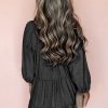 Women's Black Puff Sleeve V Neck Tiered Ruffled Chambray Mini Dress - Image 2