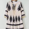 Women's Beige Western Pattern Print Mini Dress with Tassel Notch V Neck - Image 8