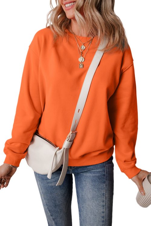 Women's Russet Orange Solid Fleece Lined Drop Shoulder Terry Sweatshirt