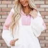 Women's Oversized White Colorblock Patchwork Sherpa Hoodie with Half Zip - Image 6