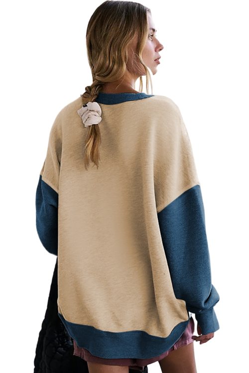 Women's Parchment Color Block Thumbhole Sleeve Drop Shoulder Sweatshirt