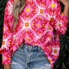 Women's Strawberry Pink Geometric Print Loose Blouse with Shirred Cuffs - Image 2