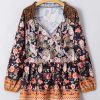 Black Plus Size Paisley Floral Print V Neck Bubble Sleeve Blouse for Women - Image 8