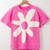 Women's Sachet Pink Contrast Flower Drop Shoulder Loose T-Shirt - Image 4