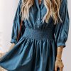 Prussian Blue 3/4 Sleeve Shirred High Waist Buttoned Mini Dress - Image 3