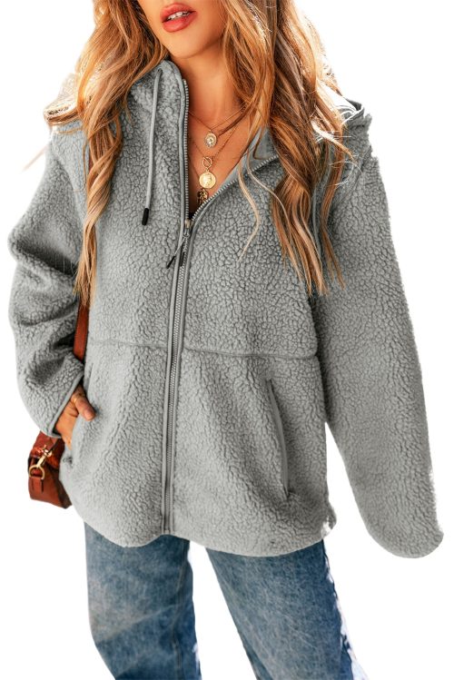 Women's Medium Grey Fleece Zip Up Drawstring Hooded Jacket with Pockets