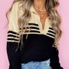 Women's Black Colorblock Stripe Collared V-Neck Sweater - Image 2