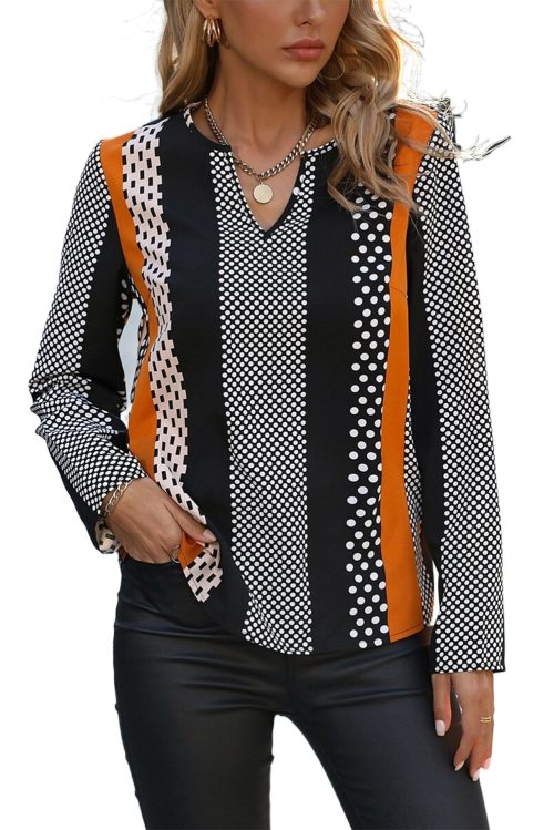 Women's Orange Geo Print Colorblock Notched V Neck Blouse for Casual and Semi-Formal Wear