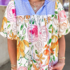 Women's Multicolor Floral Print Striped Yoke Frilled V Neck Puff Short Sleeve Blouse - Image 2