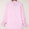 Women's Pink Oversized Striped Boyfriend Shirt with Smocked Cuffs and Pocket - Image 13