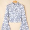 Women's Sky Blue Floral Bell Sleeve Mock Neck Crop Top - Chic Bohemian Style - Image 6