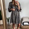 Women's Black Leopard Print Elasticated V Neck 3/4 Puff Sleeve Mini Dress - Image 3