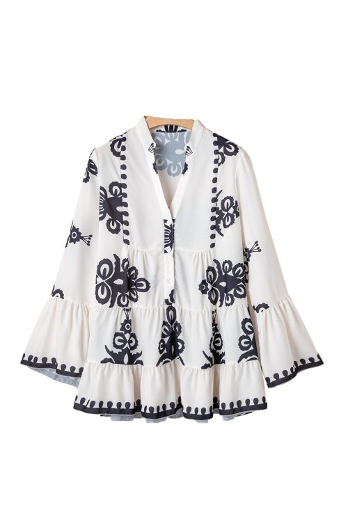 Women's White Abstract Printed Bell Sleeve Buttoned Babydoll Blouse