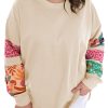 Plus Size Women's Beige Patchwork Sleeve Split Sweatshirt - Image 6