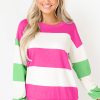 Women's Rose Red Colorblock Striped Drop Shoulder Long Sleeve Top - Image 3