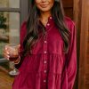 Women's Burgundy Corduroy Ruffle Tiered Button O Neck Shirt - Image 6