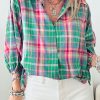 Women's Green Plaid 3/4 Sleeve Collared Loose Fit Shirt - Image 2