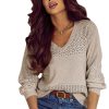 Women's Brown Eyelet Pattern V Neck Drop Shoulder Sweater - Casual Chic for Fall - Image 27