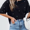 Women's Black Pearl Beaded Drop Shoulder Crewneck T-Shirt - Trendy Casual Tee - Image 7