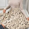 Women's Beige Patchwork Belted A-Line Dress with Long Sleeves - Image 6