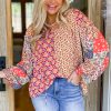 Plus Size Orange Floral Geometric Patchwork Lace-up Crewneck Blouse for Women - Image 6