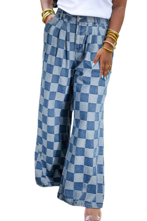 Dusk Blue Plus Size Checkered Seamed High Waist Wide Leg Jeans for Women