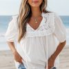 Women's White Embroidered Lace Patchwork Tie Neck Puff Short Sleeve Blouse - Image 6