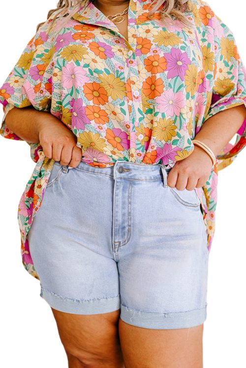 Women's Beau Blue High Waist Plus Size Denim Shorts with Folded Edge Detail