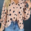 Women's Khaki Classic V Neck Leopard Print Long Sleeve Blouse - Image 2