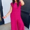 Bright Pink Sleeveless Button Front Wide Leg Jumpsuit for Women - Image 5