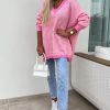 Women's Pink Striped Scallop V Neck Loose Sweater with Side Slits - Image 7